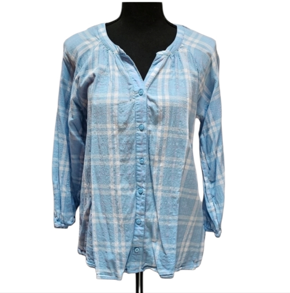 St. John's Bay Blue White Checkered Button Up Shirt 55% Cotton 45% Rayon Sz M
